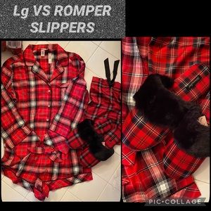 Vs flannel romper vs faux fur slippers & bag plaid